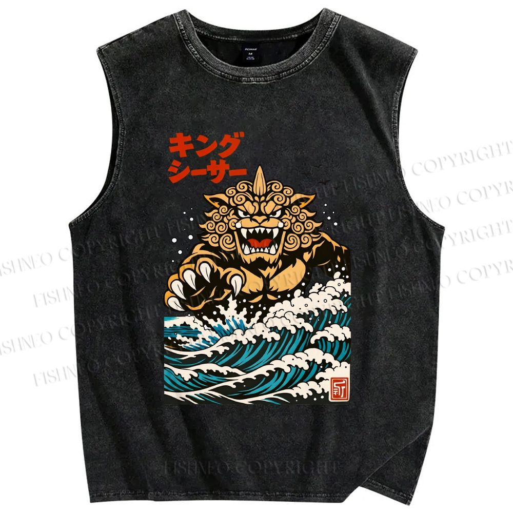 Unisex Great Wave Of King Caesar Printed Washed Tank Top