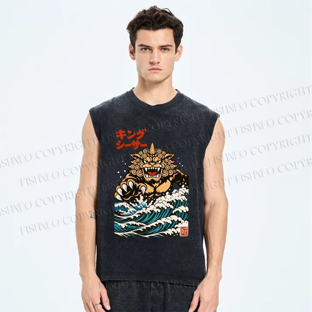 Unisex Great Wave Of King Caesar Printed Washed Tank Top