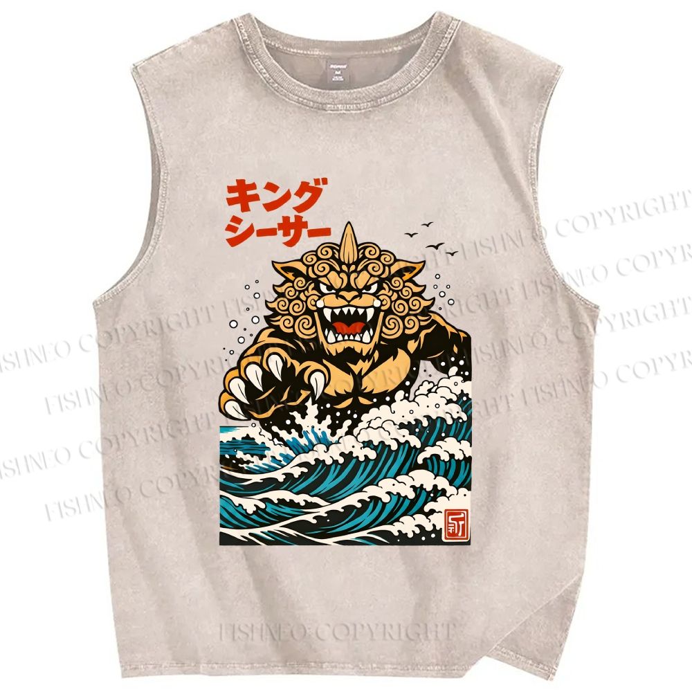 Unisex Great Wave Of King Caesar Printed Washed Tank Top