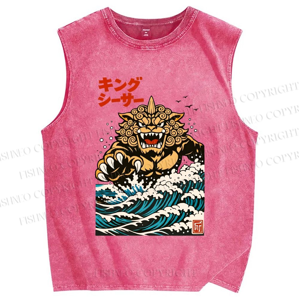 Unisex Great Wave Of King Caesar Printed Washed Tank Top