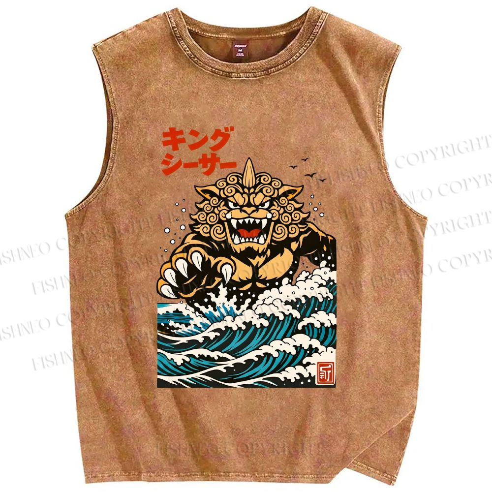 Unisex Great Wave Of King Caesar Printed Washed Tank Top