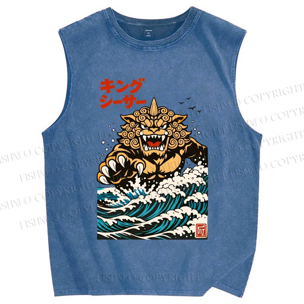 Unisex Great Wave Of King Caesar Printed Washed Tank Top