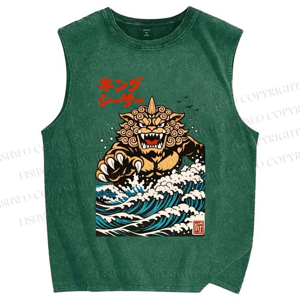 Unisex Great Wave Of King Caesar Printed Washed Tank Top