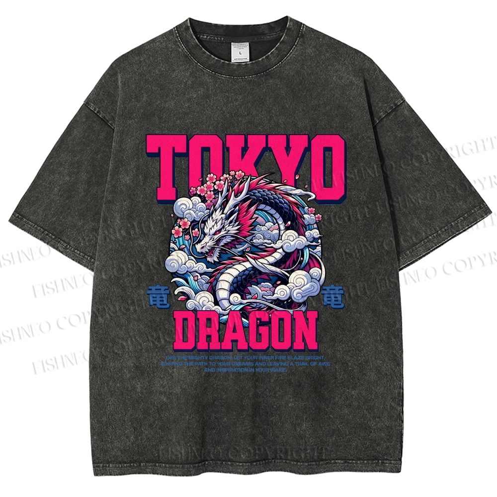 Unisex Tokyo Dragon Printed Washed Tee