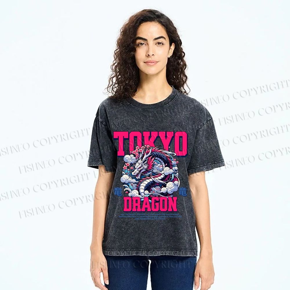 Unisex Tokyo Dragon Printed Washed Tee