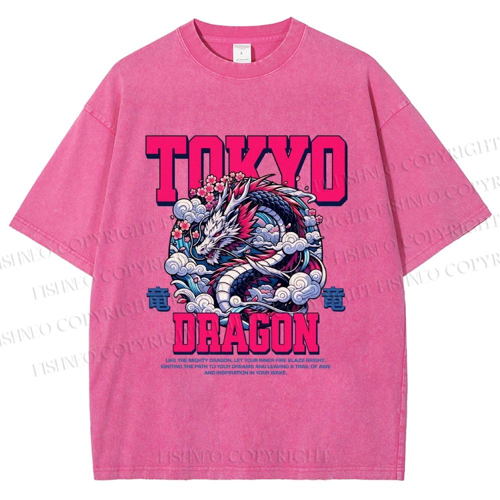Unisex Tokyo Dragon Printed Washed Tee
