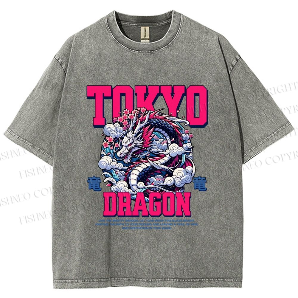Unisex Tokyo Dragon Printed Washed Tee