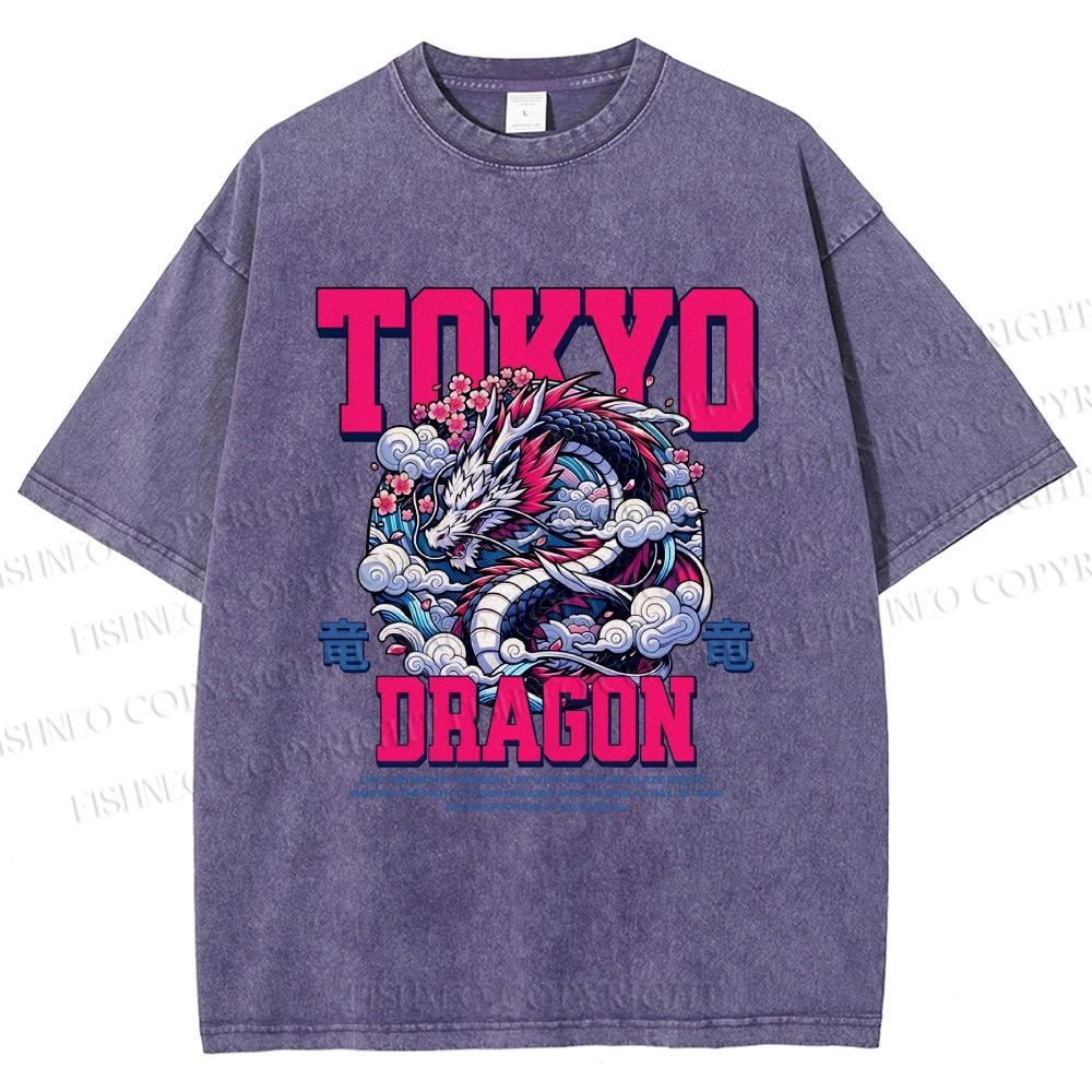 Unisex Tokyo Dragon Printed Washed Tee