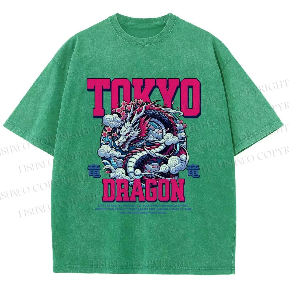 Unisex Tokyo Dragon Printed Washed Tee