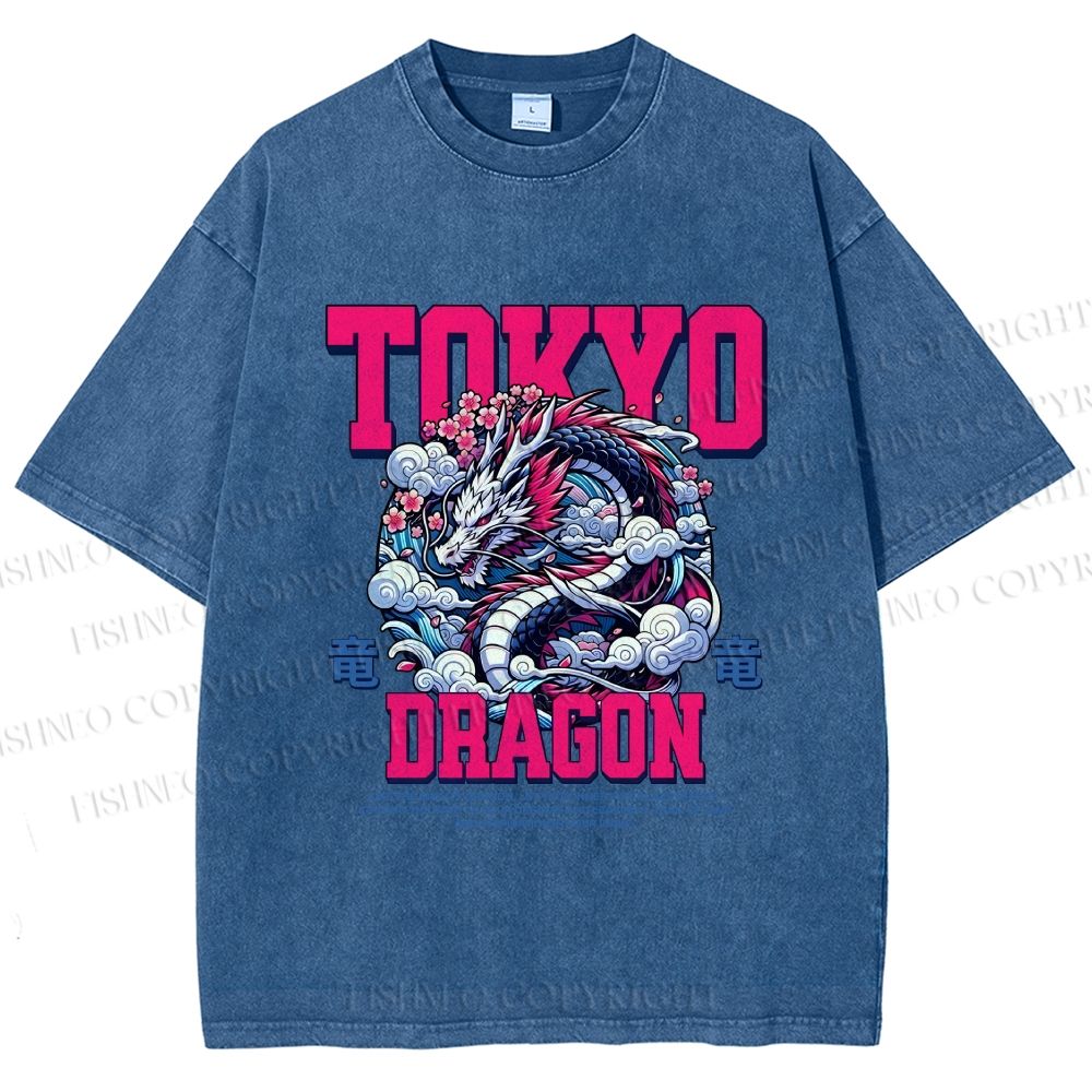 Unisex Tokyo Dragon Printed Washed Tee