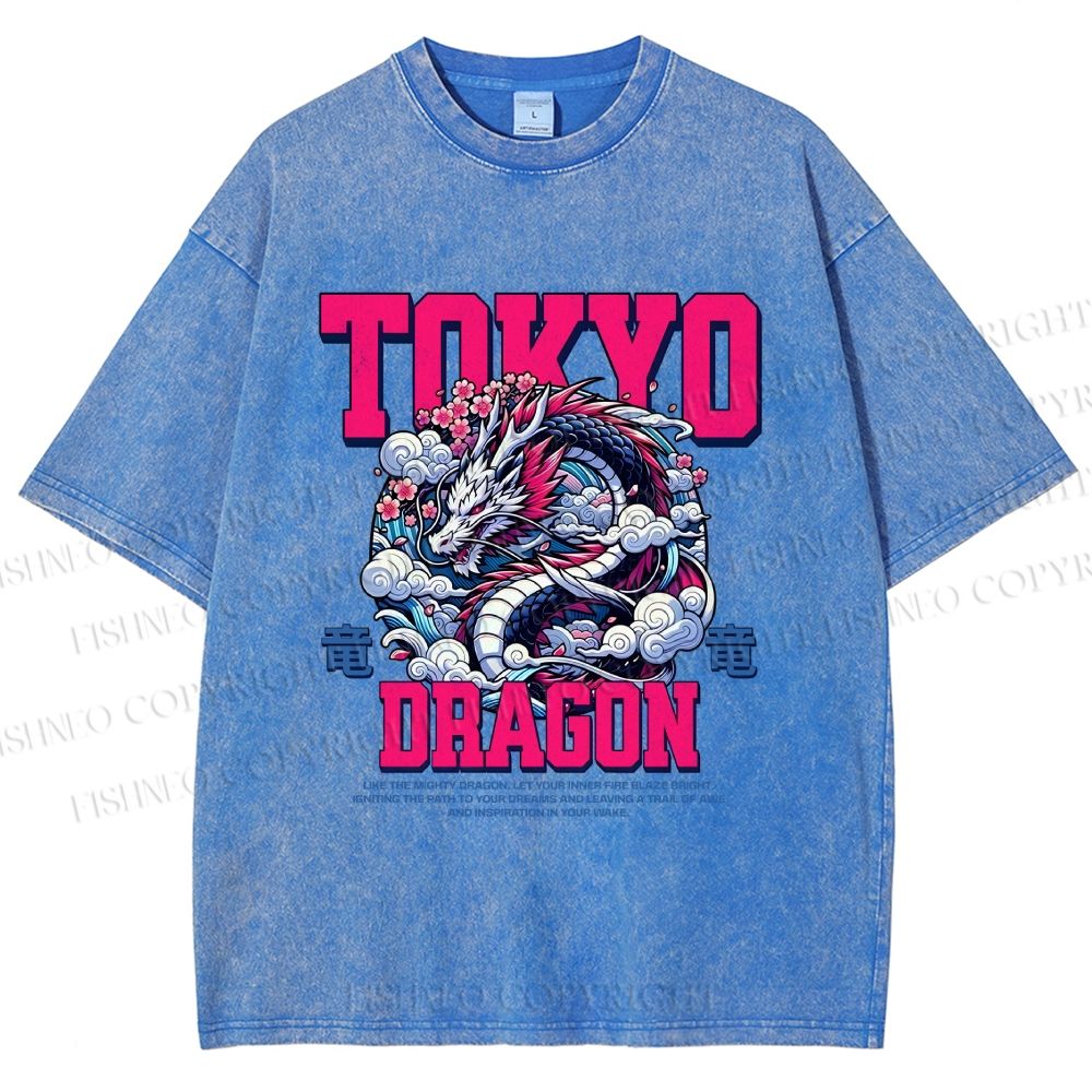 Unisex Tokyo Dragon Printed Washed Tee