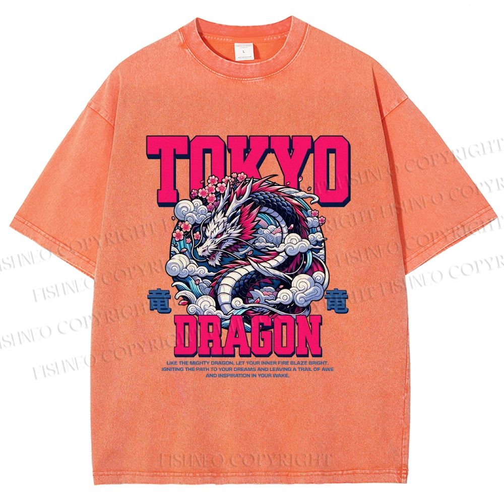 Unisex Tokyo Dragon Printed Washed Tee