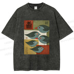 Unisex Mid-century Japanese Bird Art Printed Washed Tee