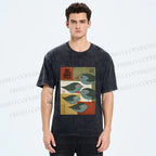 Unisex Mid-century Japanese Bird Art Printed Washed Tee