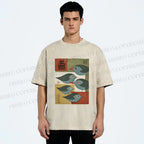 Unisex Mid-century Japanese Bird Art Printed Washed Tee
