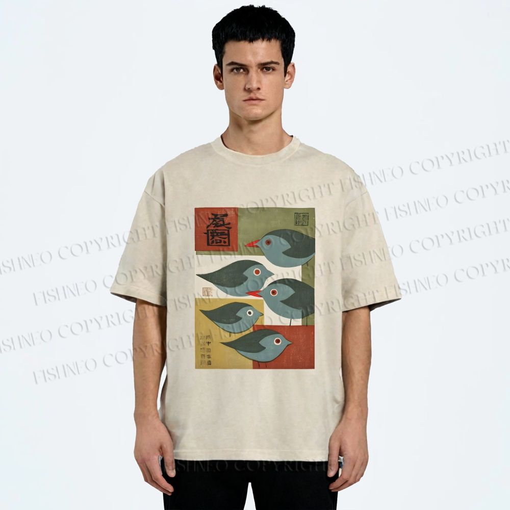 Unisex Mid-century Japanese Bird Art Printed Washed Tee