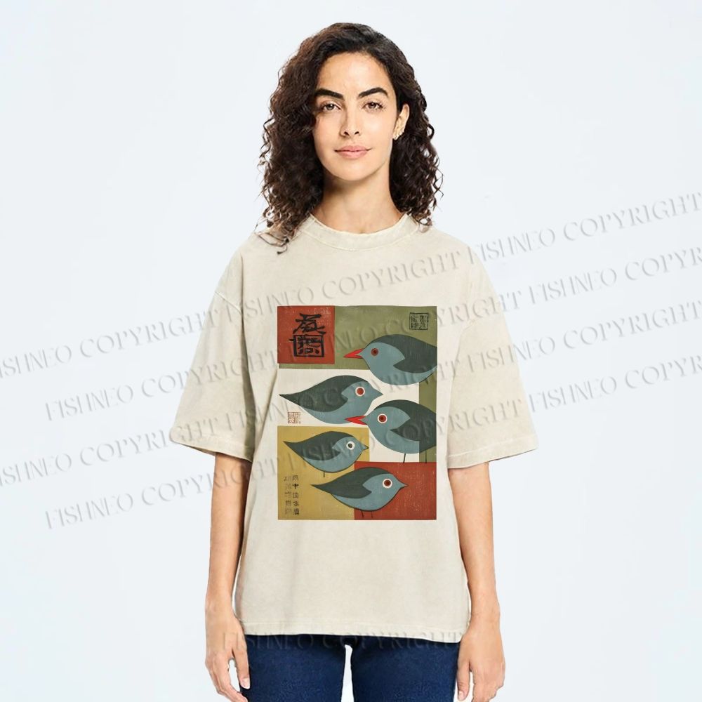 Unisex Mid-century Japanese Bird Art Printed Washed Tee