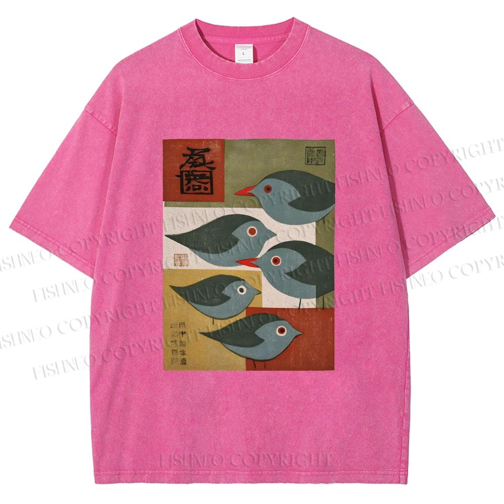Unisex Mid-century Japanese Bird Art Printed Washed Tee