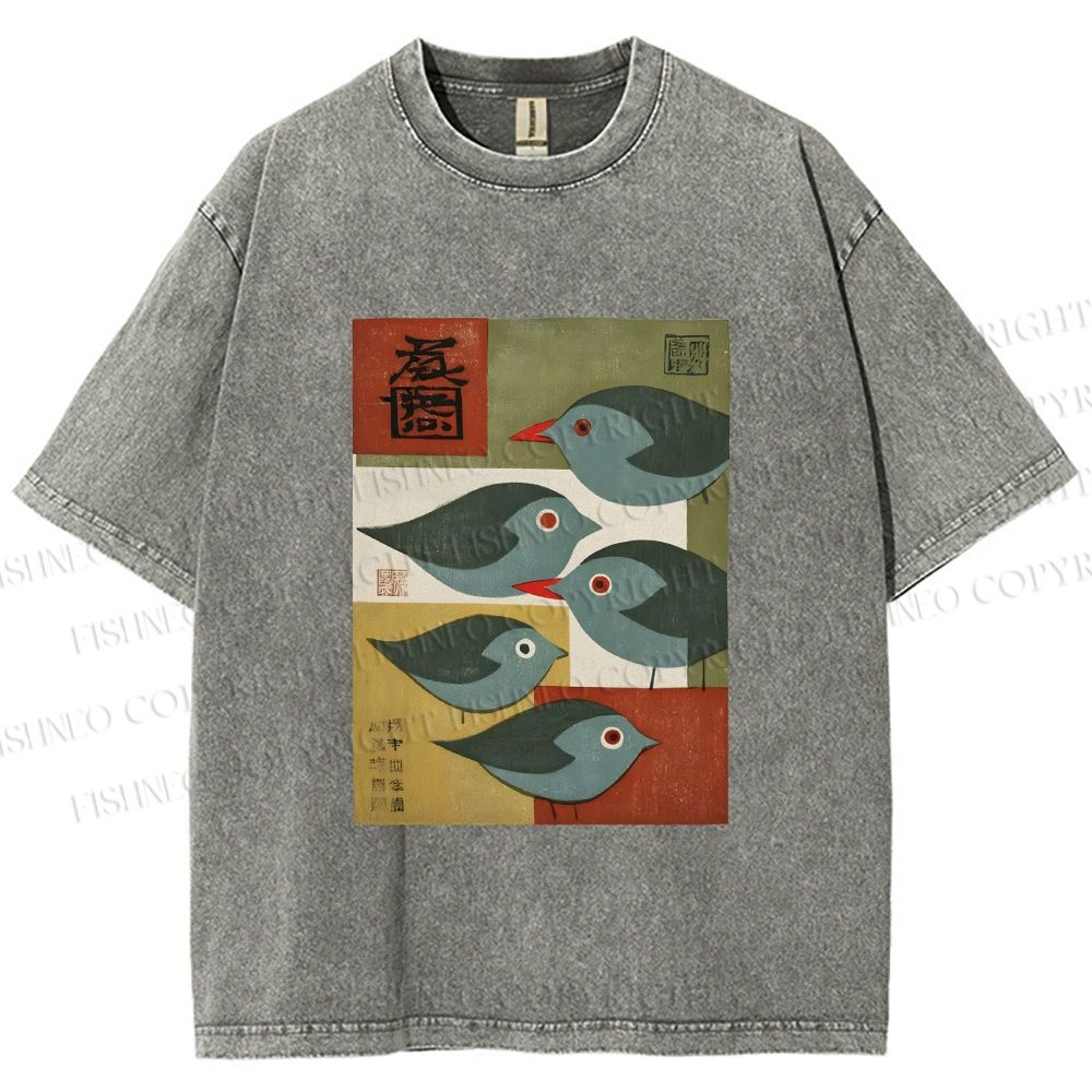 Unisex Mid-century Japanese Bird Art Printed Washed Tee