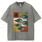 Unisex Mid-century Japanese Bird Art Printed Washed Tee