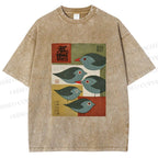 Unisex Mid-century Japanese Bird Art Printed Washed Tee