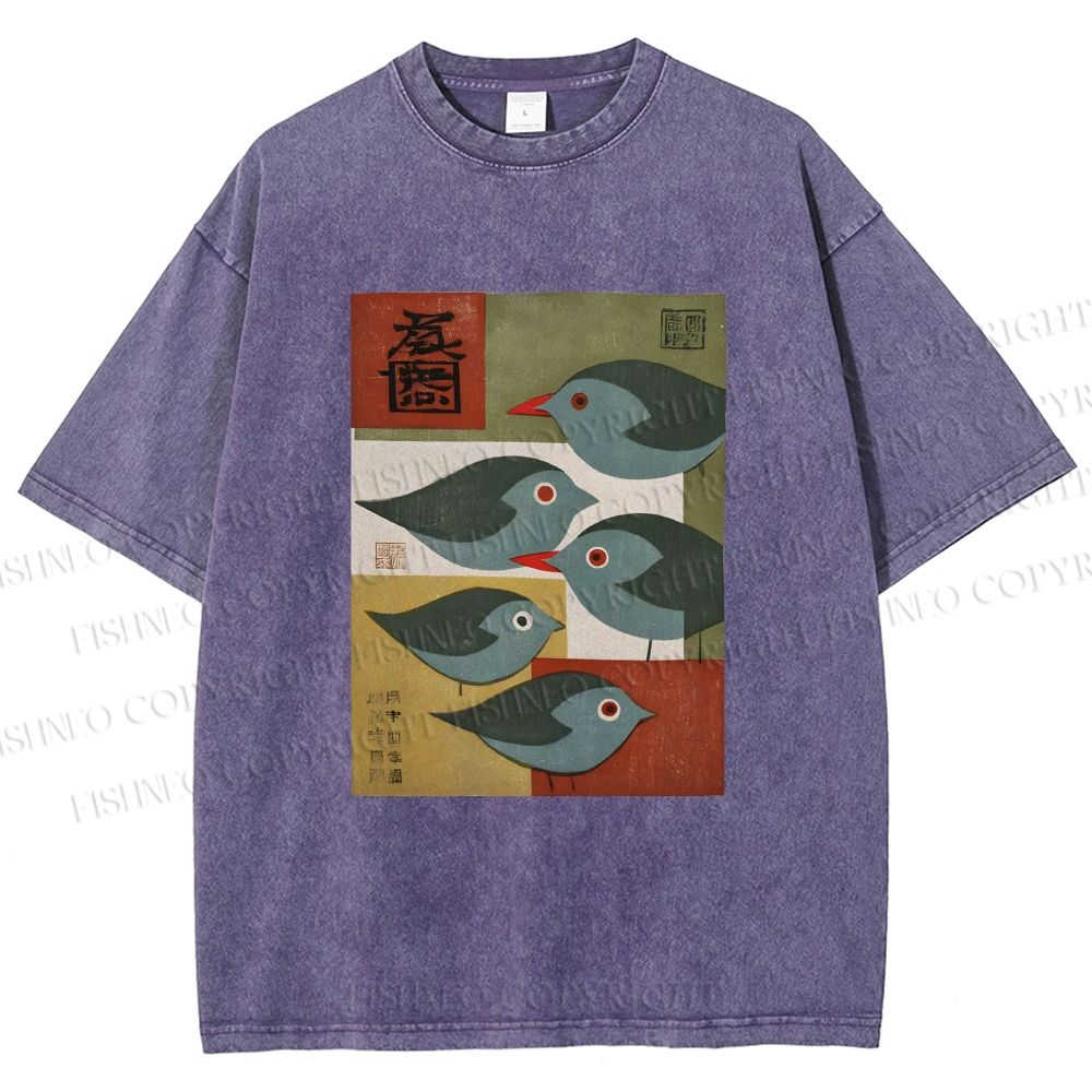 Unisex Mid-century Japanese Bird Art Printed Washed Tee