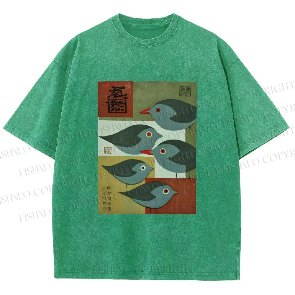 Unisex Mid-century Japanese Bird Art Printed Washed Tee