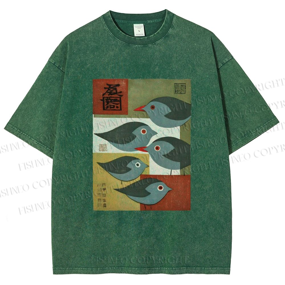 Unisex Mid-century Japanese Bird Art Printed Washed Tee