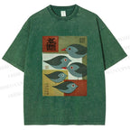 Unisex Mid-century Japanese Bird Art Printed Washed Tee