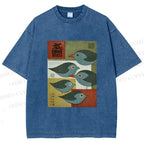 Unisex Mid-century Japanese Bird Art Printed Washed Tee