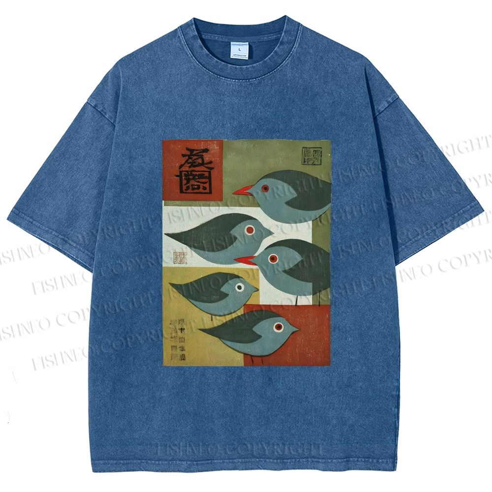 Unisex Mid-century Japanese Bird Art Printed Washed Tee