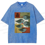 Unisex Mid-century Japanese Bird Art Printed Washed Tee