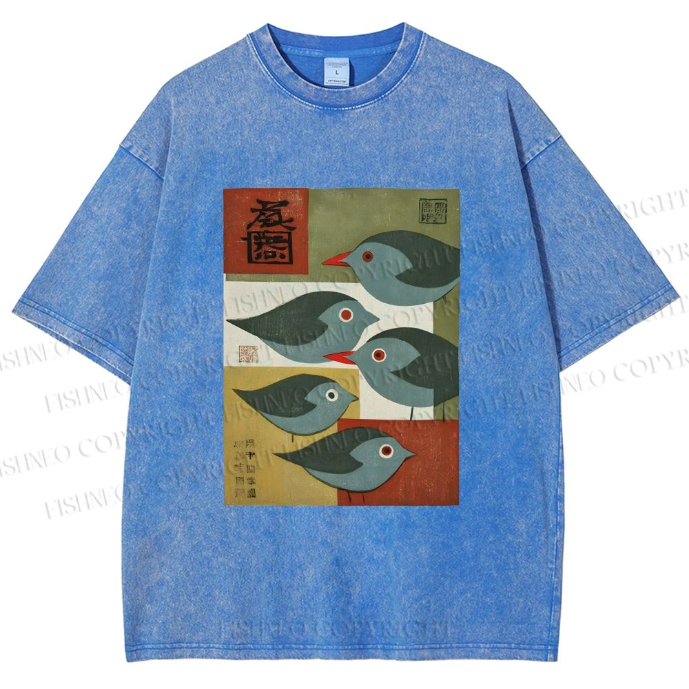 Unisex Mid-century Japanese Bird Art Printed Washed Tee