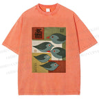 Unisex Mid-century Japanese Bird Art Printed Washed Tee