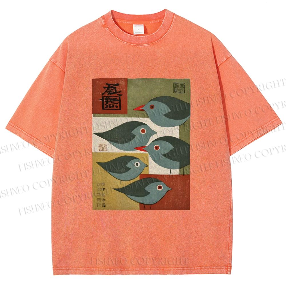 Unisex Mid-century Japanese Bird Art Printed Washed Tee