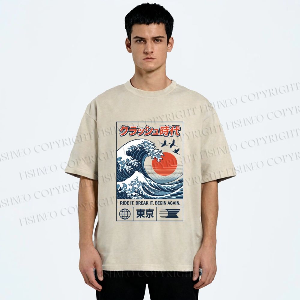 Unisex Japanese Wave Art Printed Washed Tee