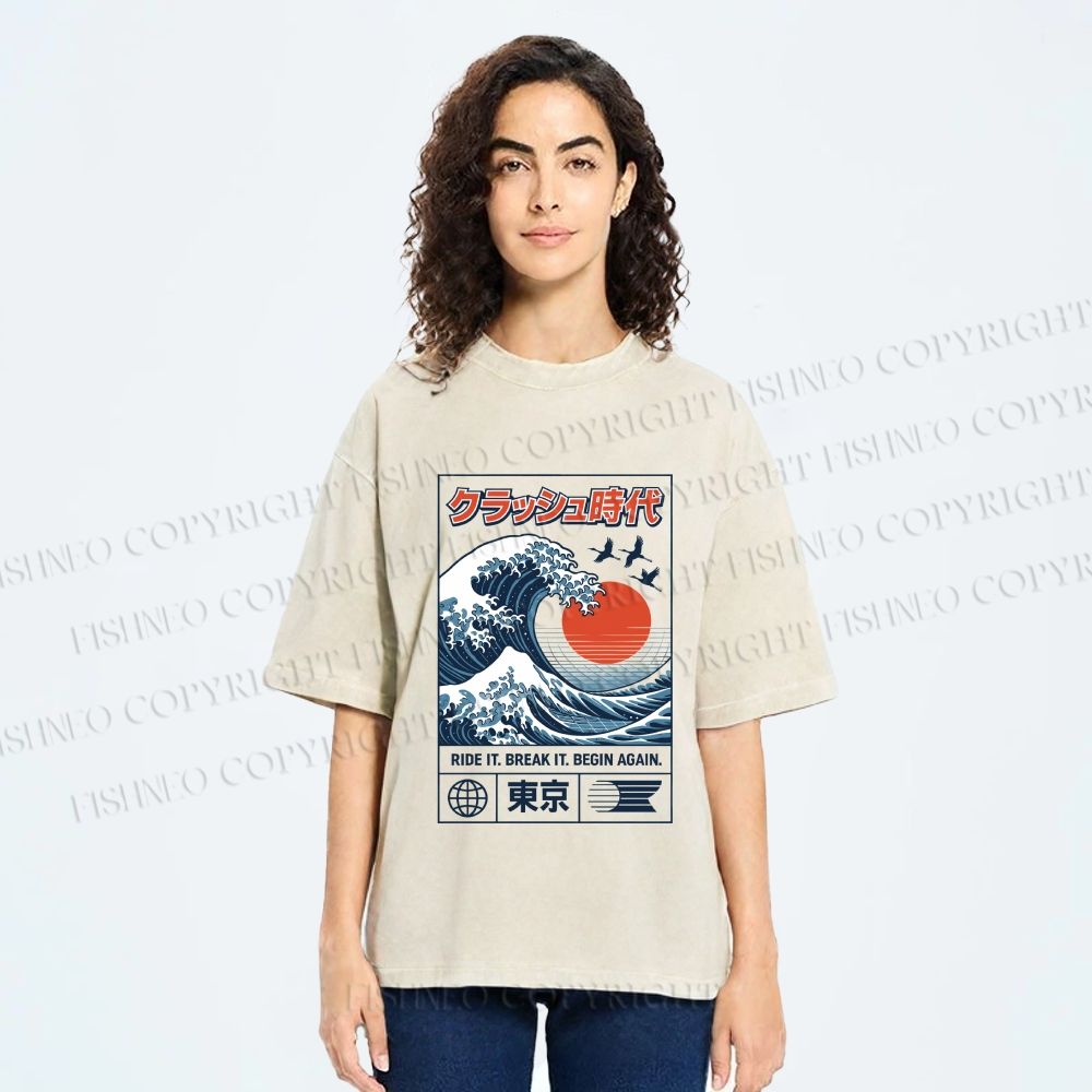 Unisex Japanese Wave Art Printed Washed Tee