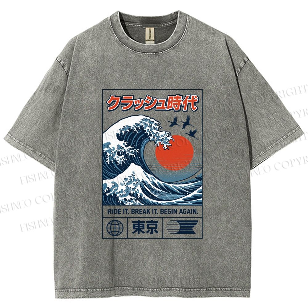 Unisex Japanese Wave Art Printed Washed Tee