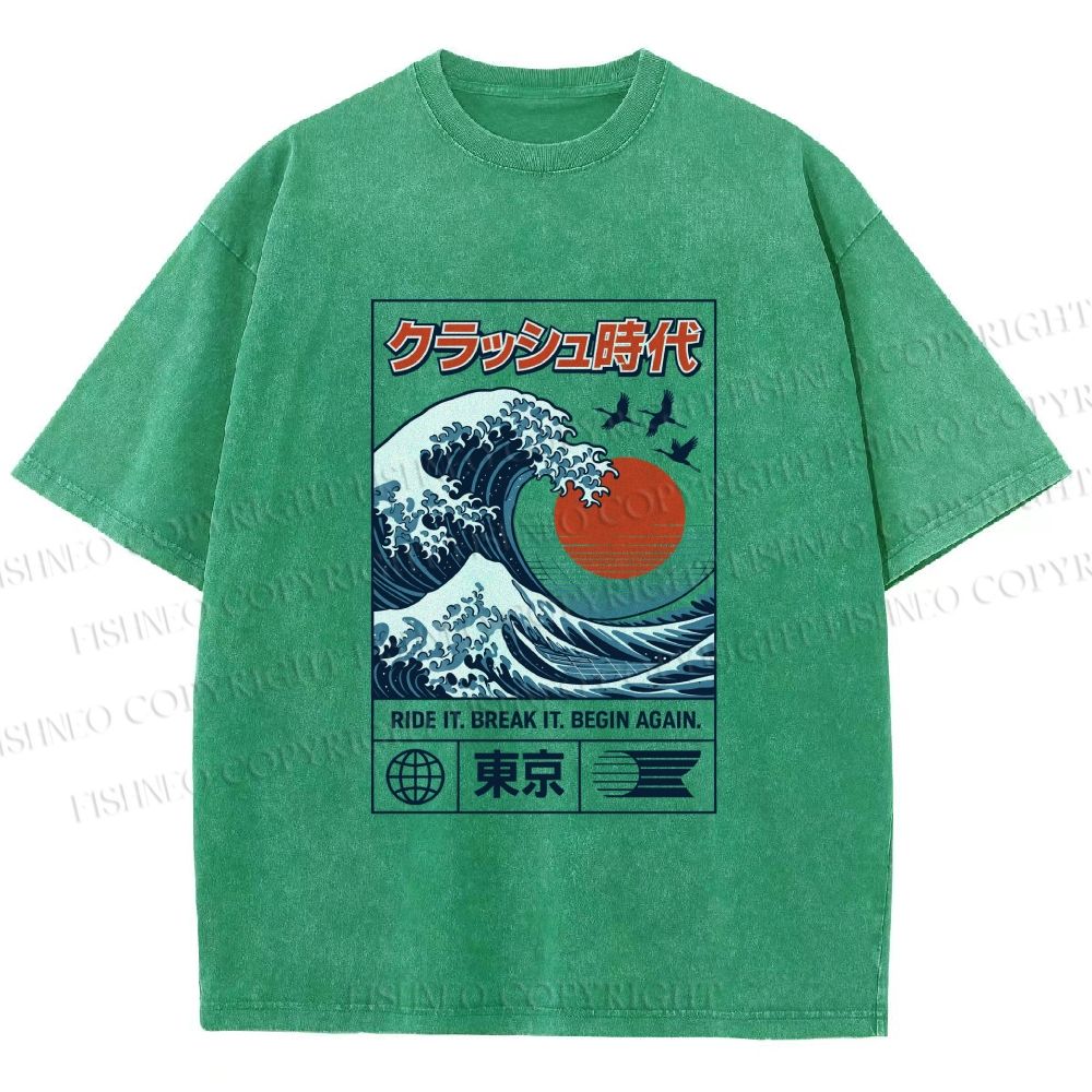 Unisex Japanese Wave Art Printed Washed Tee