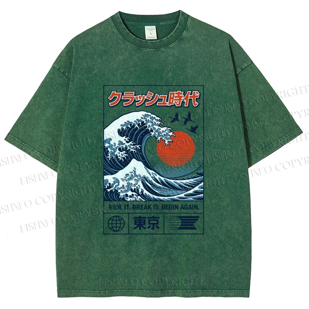 Unisex Japanese Wave Art Printed Washed Tee