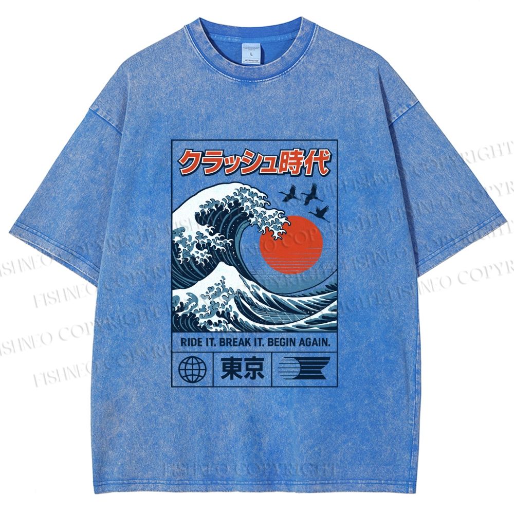 Unisex Japanese Wave Art Printed Washed Tee