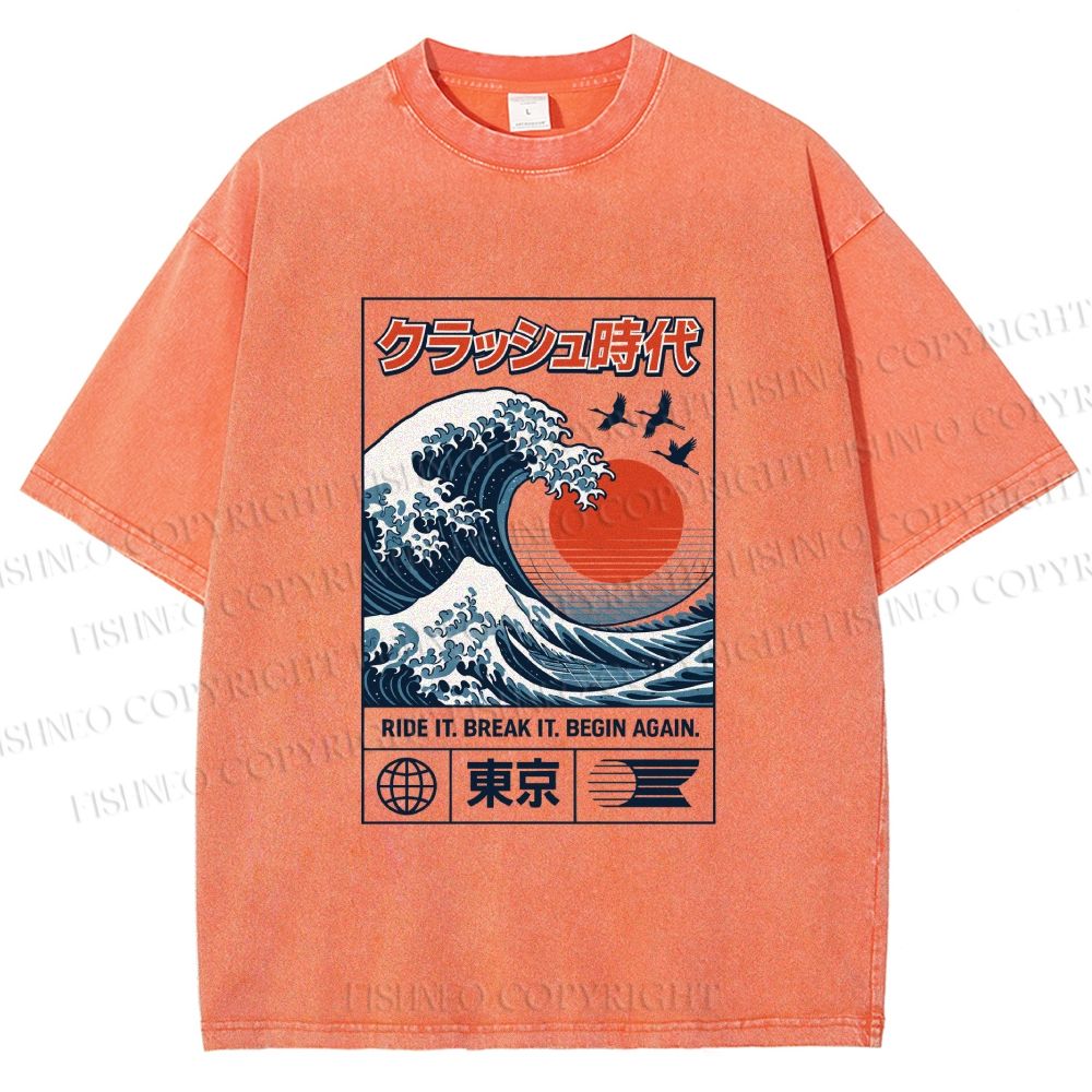 Unisex Japanese Wave Art Printed Washed Tee