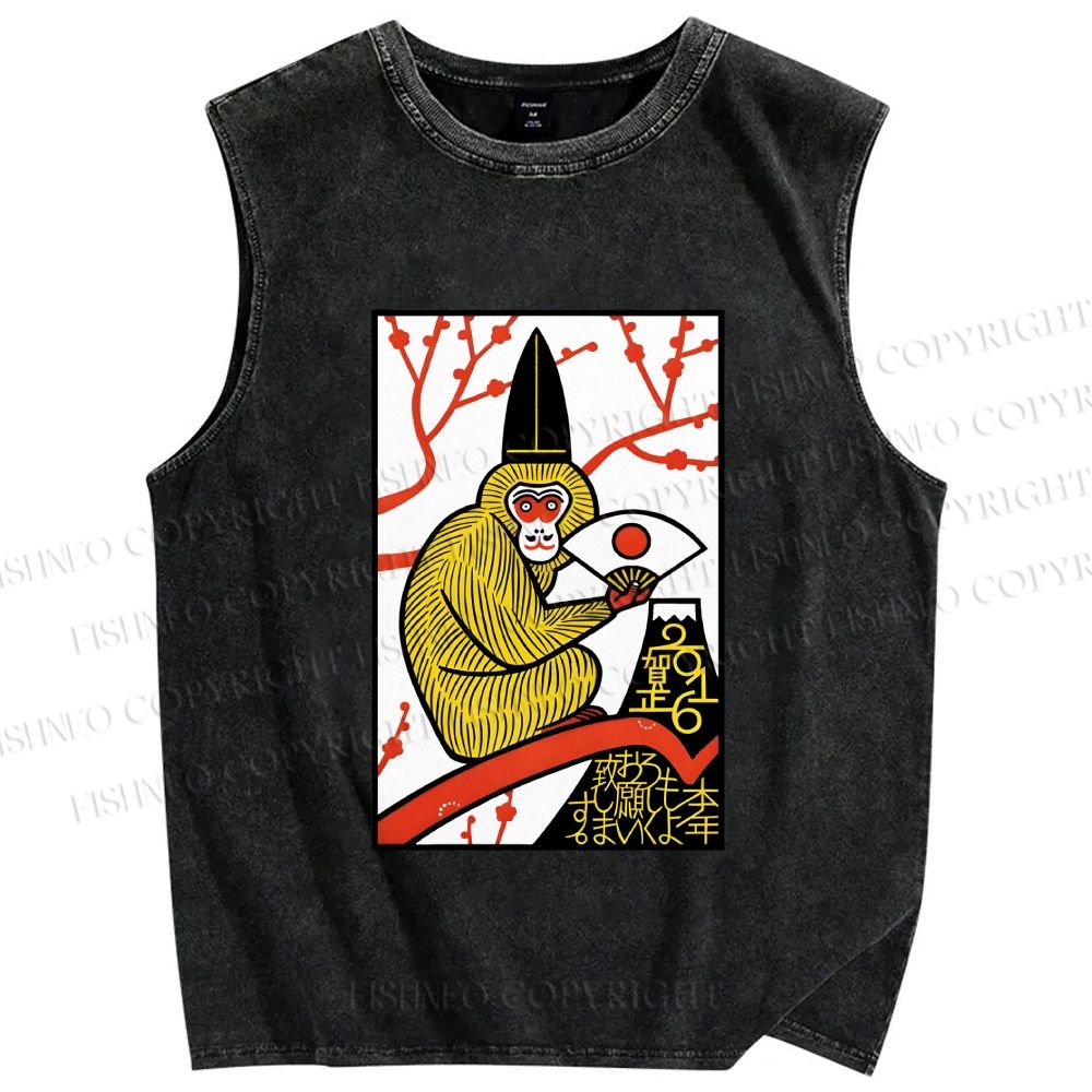 Unisex Japanese Funny Monkey Printed Washed Tank Top