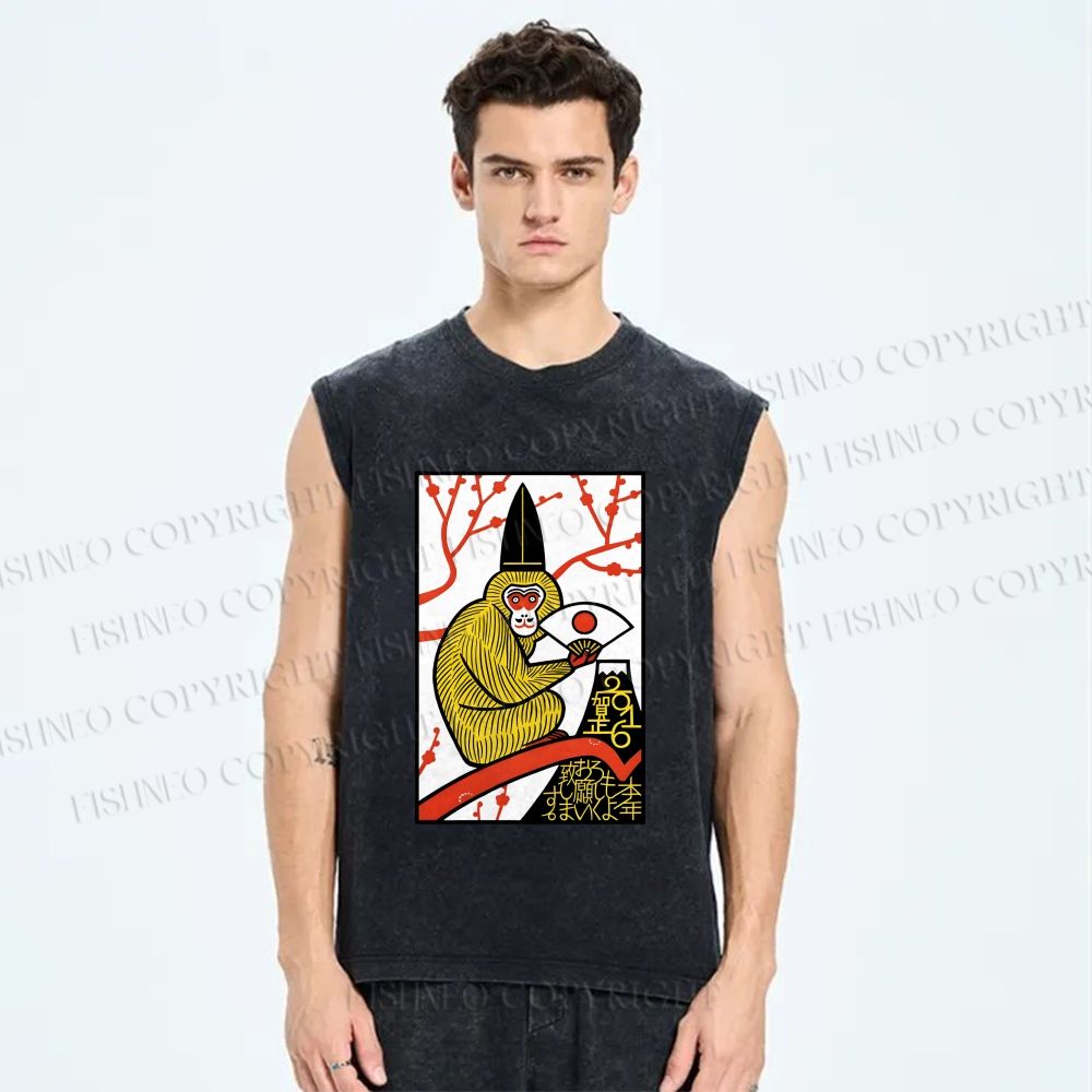 Unisex Japanese Funny Monkey Printed Washed Tank Top