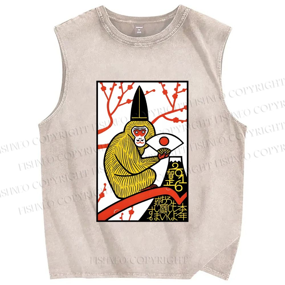 Unisex Japanese Funny Monkey Printed Washed Tank Top