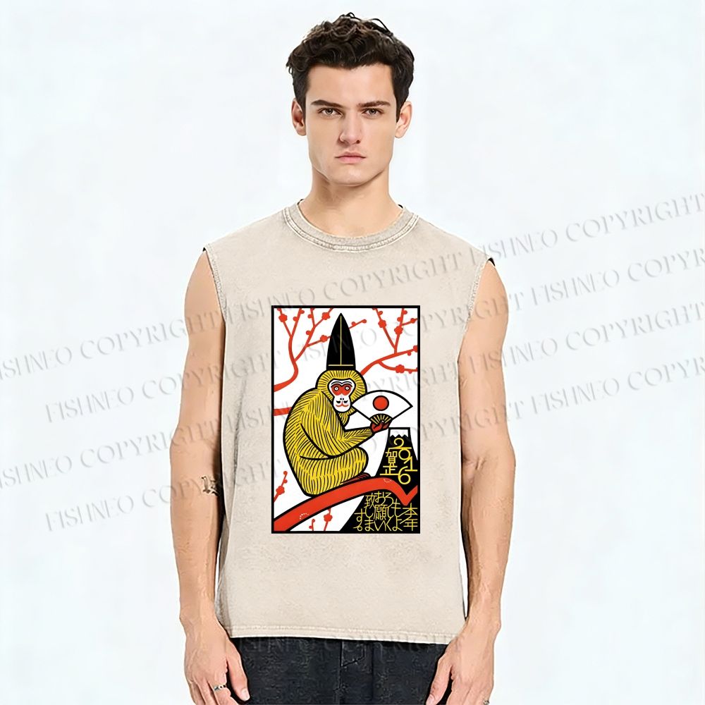 Unisex Japanese Funny Monkey Printed Washed Tank Top