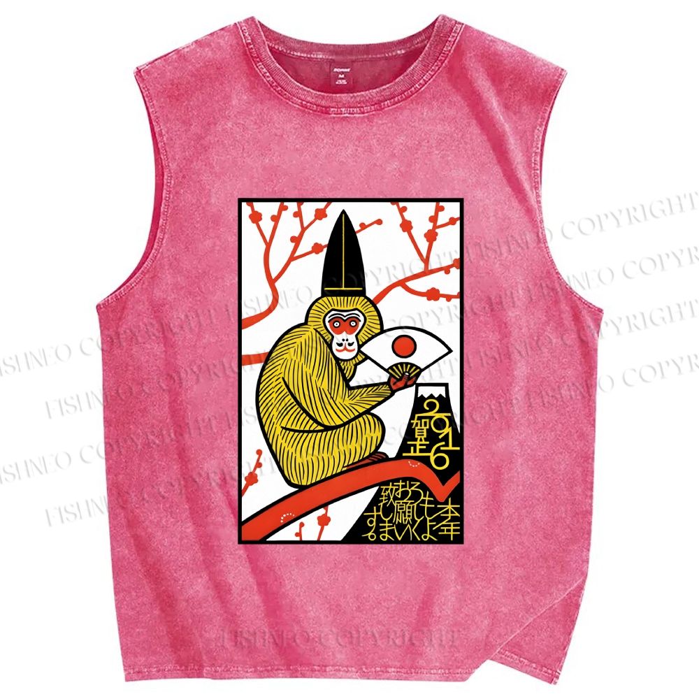 Unisex Japanese Funny Monkey Printed Washed Tank Top