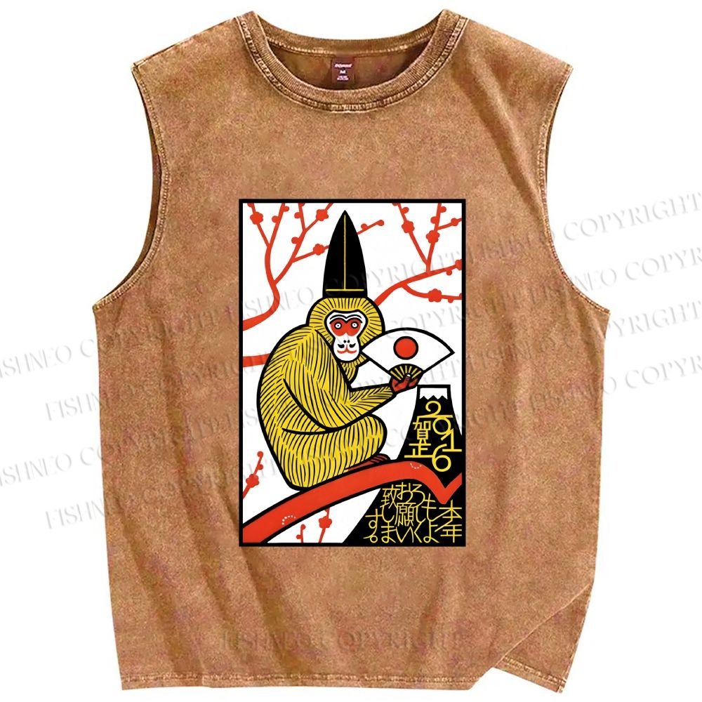 Unisex Japanese Funny Monkey Printed Washed Tank Top