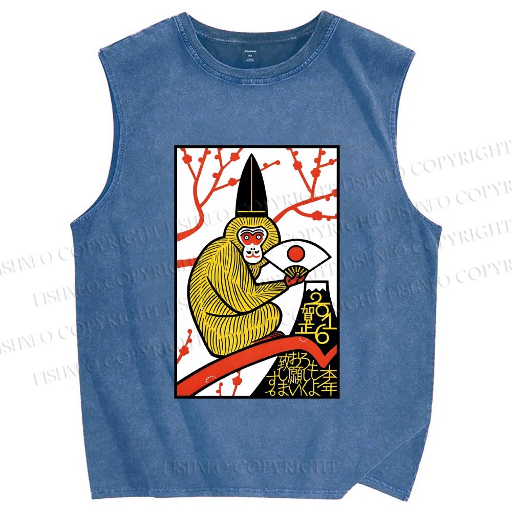Unisex Japanese Funny Monkey Printed Washed Tank Top
