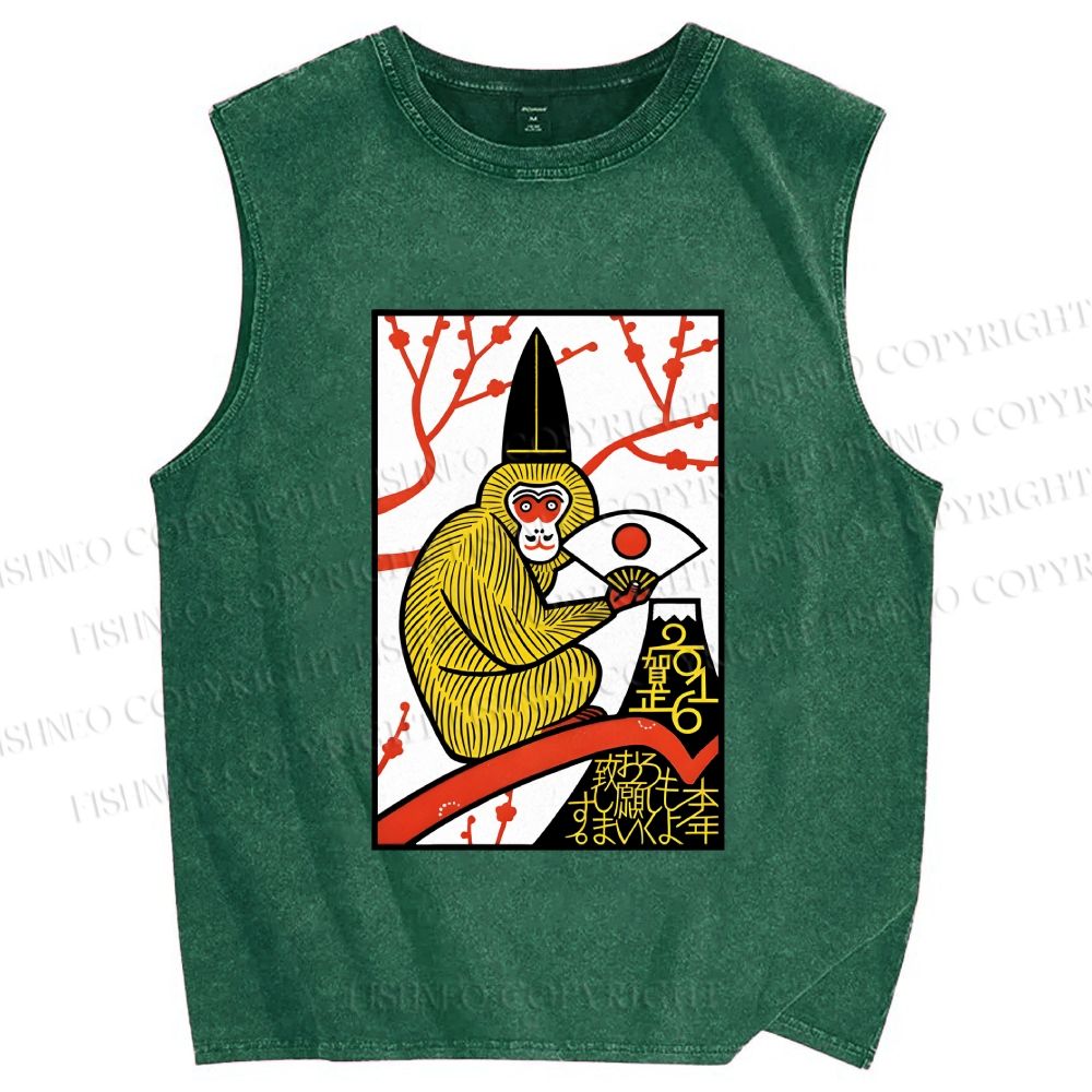 Unisex Japanese Funny Monkey Printed Washed Tank Top